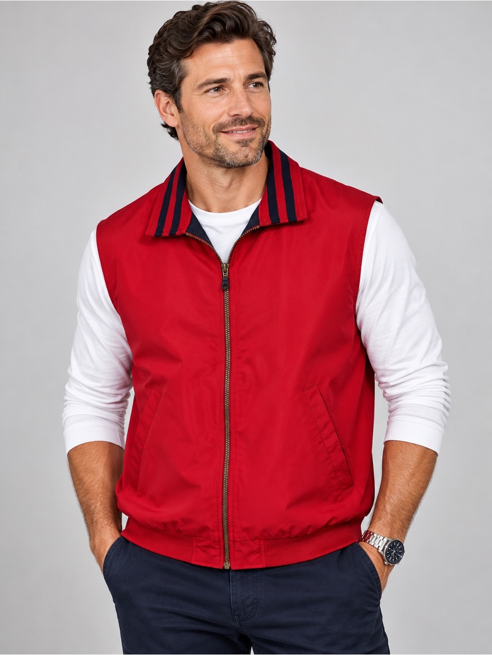 Cutter & Buck Mens ClimaGuard Full Zip Golf Vest Red Stripe Collar Large